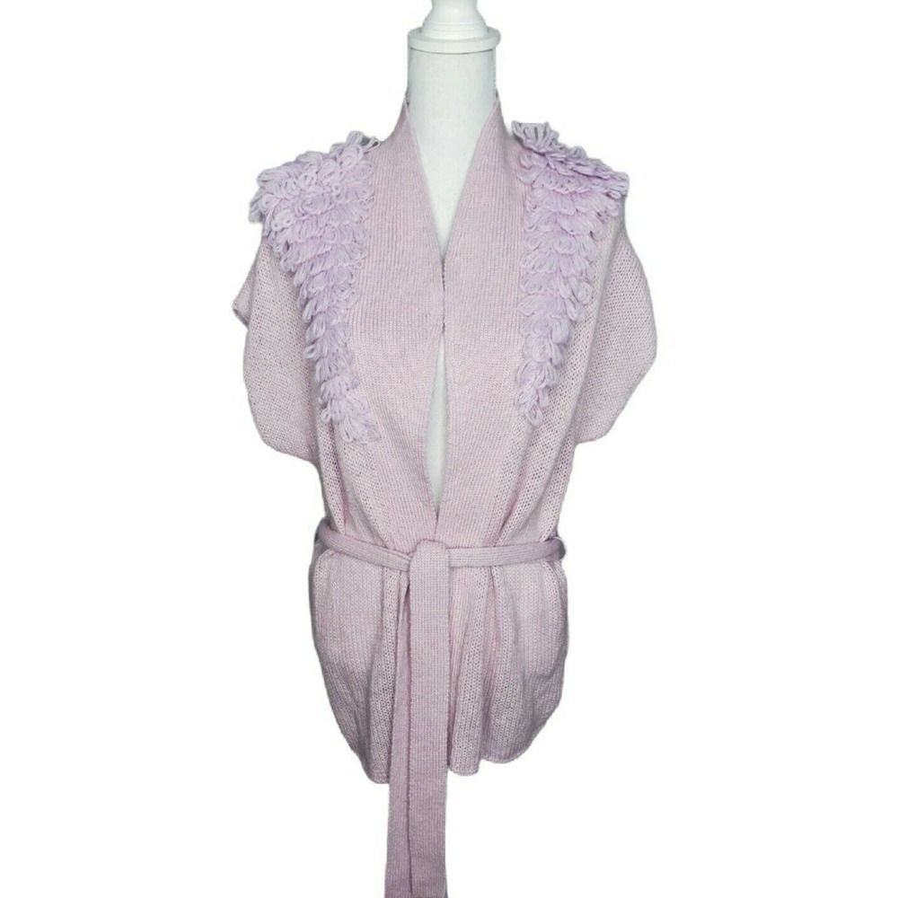 Rebecca Moses Mohair Blend Tie Waist Cardigan Cap Sleeve Fringe Lavender Large